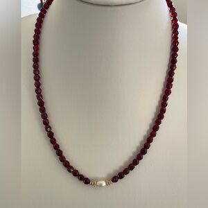 Garnet Colored Faceted Glass Beads w/ Freshwater Pearl & Sterling Beads & Clasp